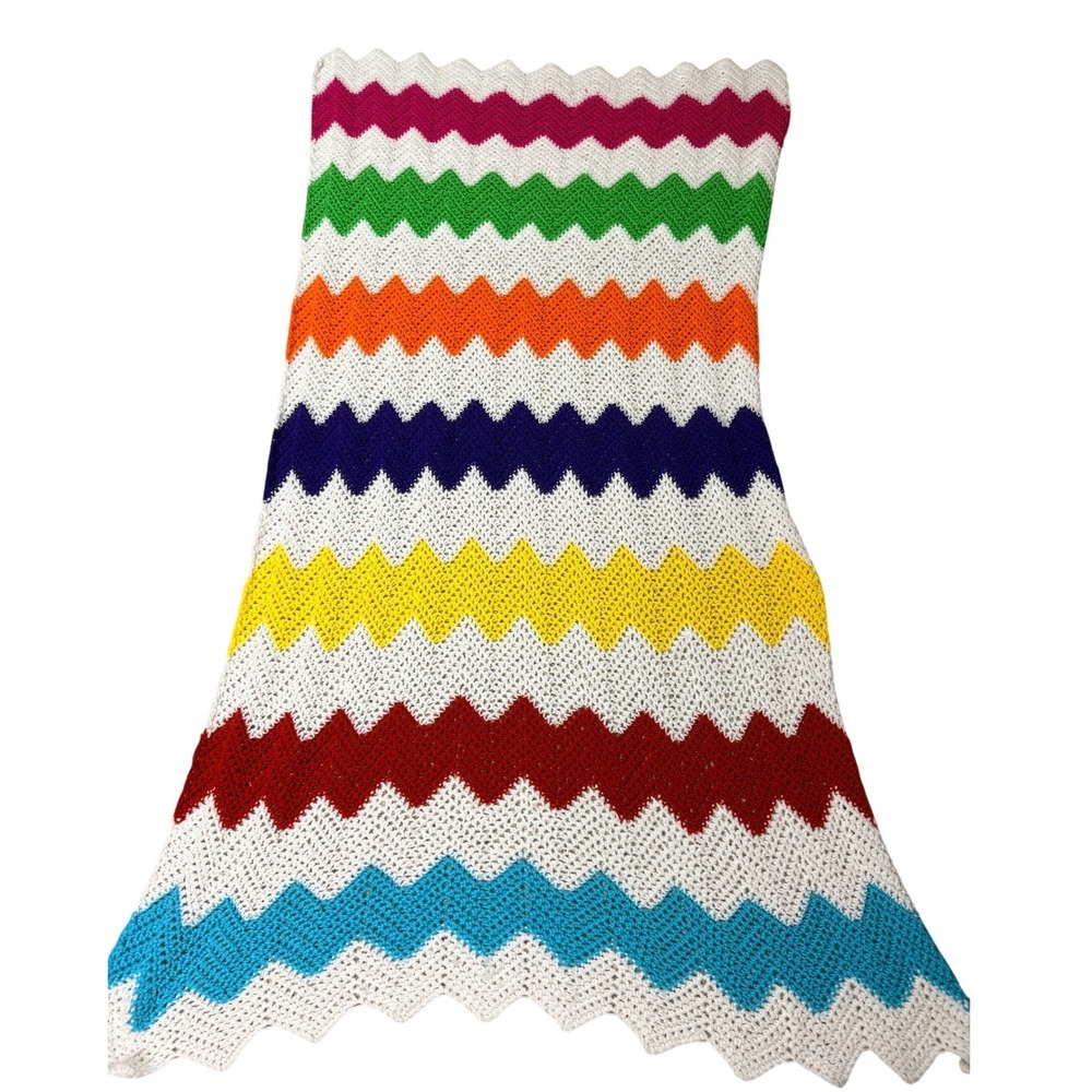 Vintage Handmade Crochet Afghan Blanket Rainbow Chevron Ripple Throw 72x39